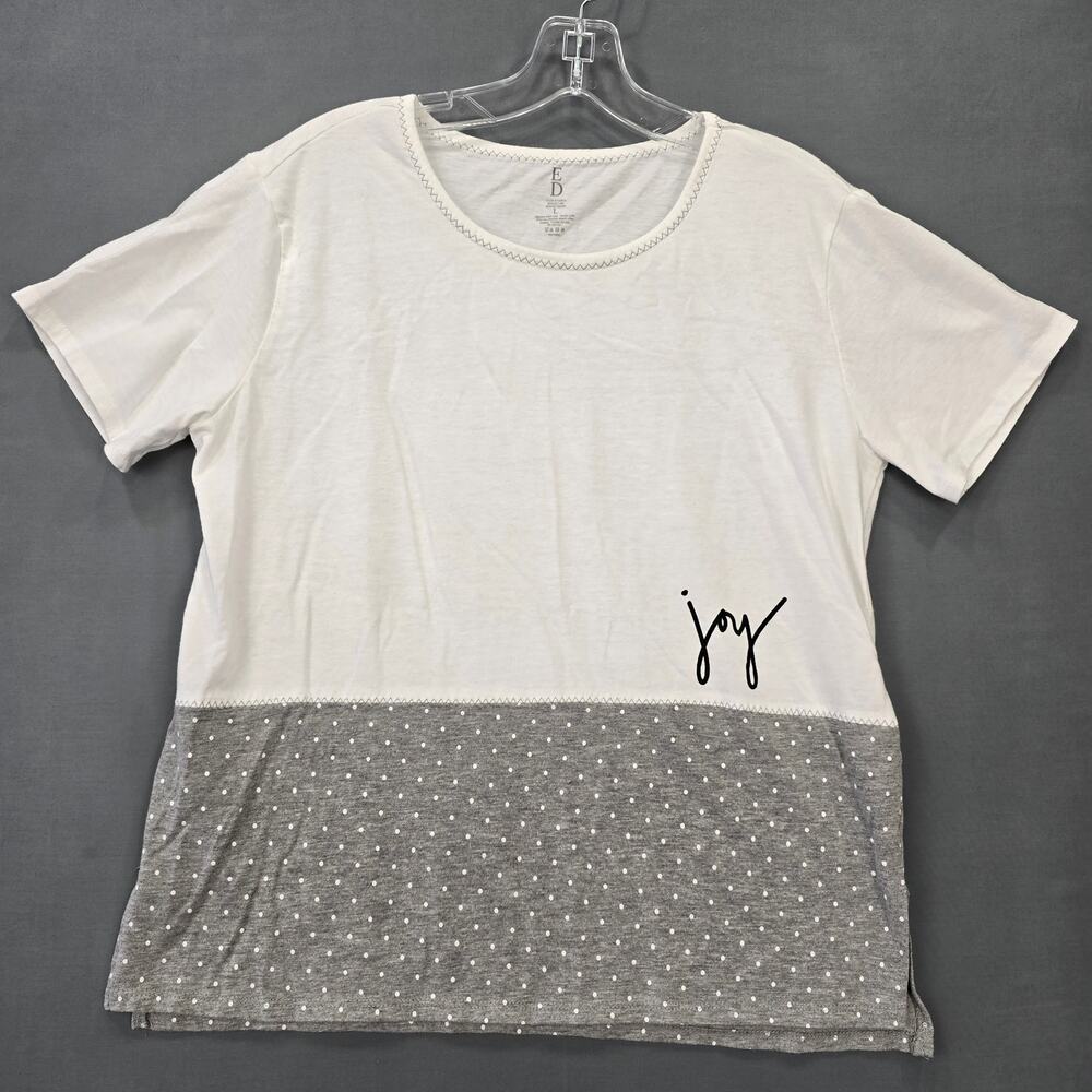 ED White Gray Shirt Joy Printed Tee Classic Short Sleeve Scoop Neck Women Size L